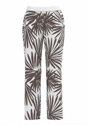 Witte broek met brede zwarte palmbladpatronen en een witte elastische tailleband, plat getoond zonder model.