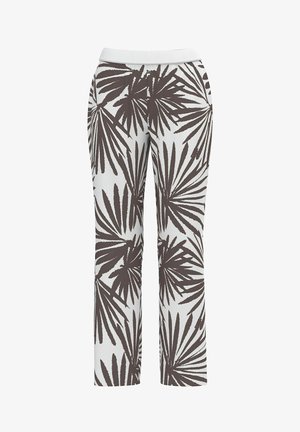 Witte broek met brede zwarte palmbladpatronen en een witte elastische tailleband, plat getoond zonder model.