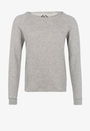 Pull-over gris à manches longues en tissu doux. Il présente un col rond, des manches raglan et un ourlet légèrement effiloché. Aucun motif ni ornement.