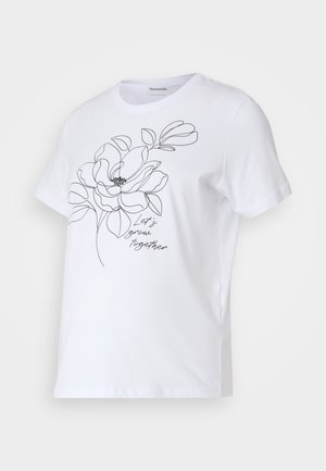 T-shirt de algodão branco com um desenho a contorno preto de uma flor e o texto "Vamos crescer juntos." Com mangas curtas e um design de gola redonda.