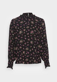 Blusa nera a maniche lunghe con colletto alto arricciato, polsini elasticizzati e stampa floreale in rosa e verde. Texture setosa.