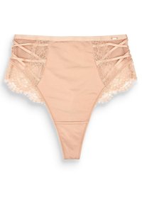 Beige string met kantafwerking, met een gladde stof in het midden. Heeft gekruiste details aan de zijkanten en bloemkant accenten.