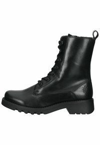 Black leather ankle boot with a round toe, lace-up front, textured finish, rubber sole, and embossed logo detail on the side.