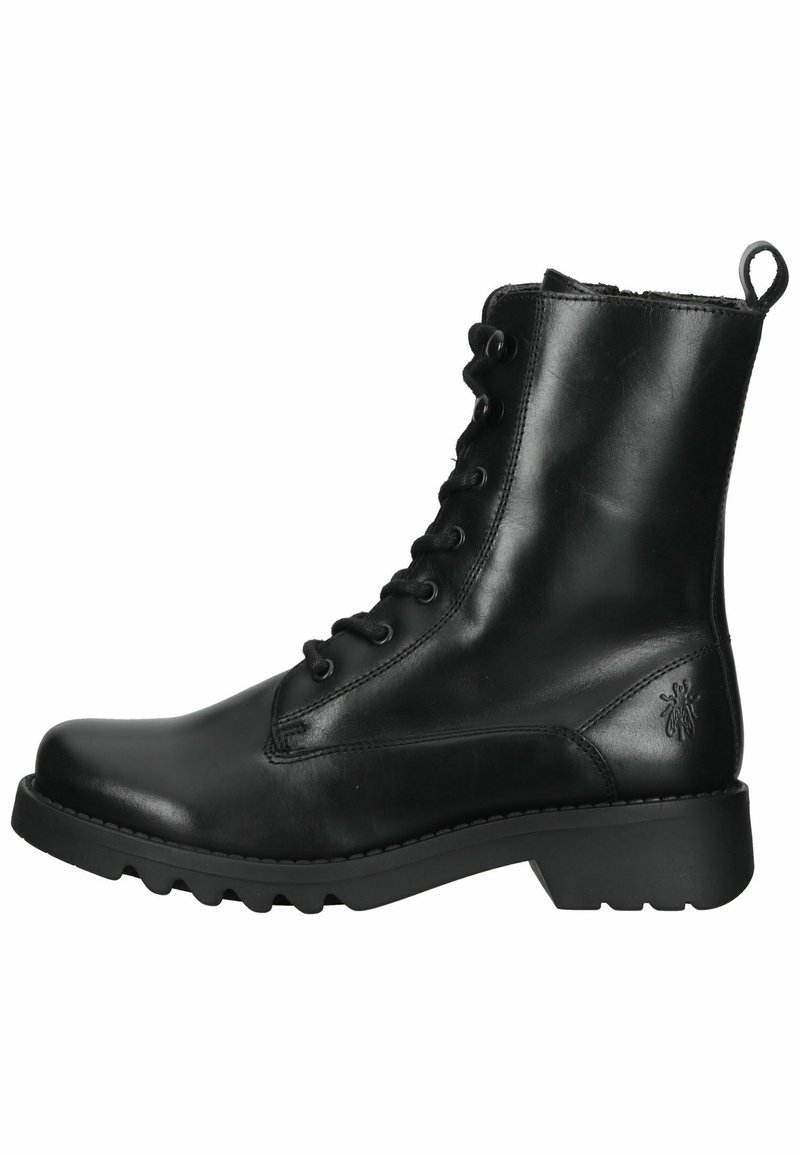 Black leather ankle boot with a round toe, lace-up front, textured finish, rubber sole, and embossed logo detail on the side.