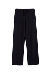 Pantaloni larghi di colore blu scuro realizzati in tessuto morbido. Presentano un elastico in vita con un cordino e due tasche laterali. Piccolo dettaglio con logo.