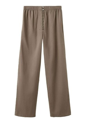 Lockere braune Hose mit elastischem Bund und vorderer Knopfleiste, hergestellt aus leichtem Stoff, geeignet für legere Kleidung.