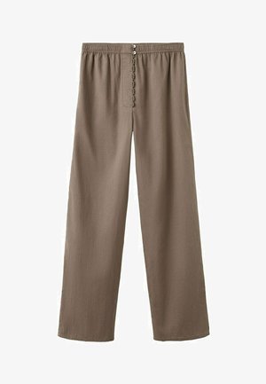 Pantalon marron ample avec taille élastique et fermeture à boutons à l'avant, en tissu léger adapté à un usage décontracté.