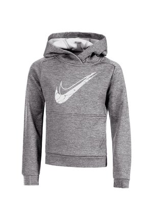 Grauer Hoodie aus weichem, strukturiertem Stoff. Verfügt über eine große Kängurutasche auf der Vorderseite und ein großes weißes Nike-Logo auf der Brust. Kapuze mit Kordelzug.
