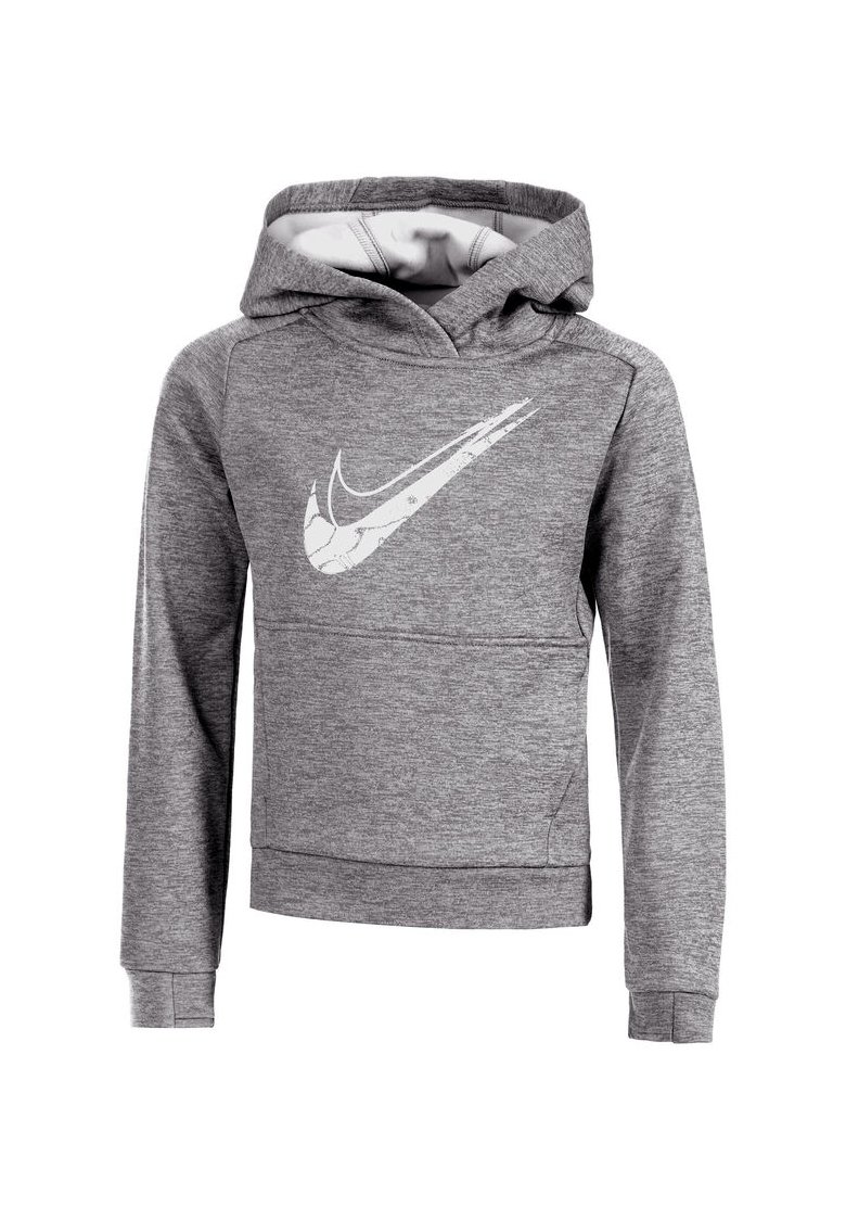 Grå hoodie lavet af blød, tekstureret stof. Har en front kangaroo lomme og et stort hvidt Nike-logo på brystet. Hue med snor.