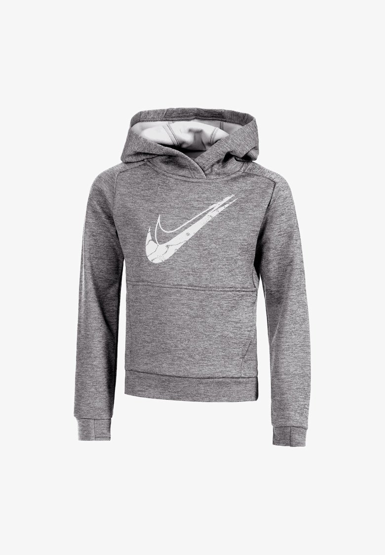 Felpa grigia con cappuccio realizzata in un tessuto morbido e testurizzato. Presenta una tasca a marsupio frontale e un grande logo Nike bianco sul petto. Cappuccio con cordino.