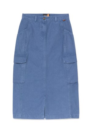 Denim midi-hame vaaleansinisellä värillä, jossa on etuvetoketju, nappisulku, kaksi sivutaskua ja kaksi cargo-taskua sivuilla. Silkkinen rakenne.