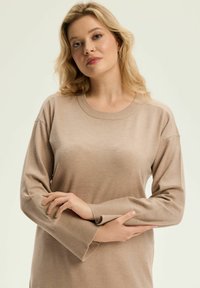 Beżowy sweter z długim rękawem, wykonany z miękkiego materiału, z okrągłym dekoltem i ściągaczami, o gładkiej strukturze bez wzorów.