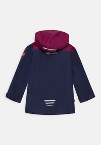 Navy blue children's rain jacket with a maroon hood, reflective accents, and TROLLKIDS logo on the back. Long sleeves and a vented design.