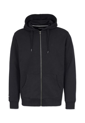 Black zip-up hoodie made from fleece material. Features drawstring hood, front pockets, and ribbed cuffs. Simple design with logo detail.