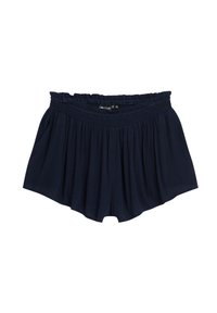 Shorts légers bleu marine avec une taille élastique, texture plissée et design évasé. Comprend des poches latérales et une coupe décontractée.