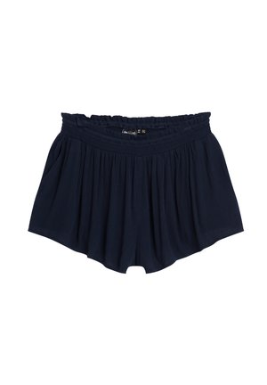 Marineblauwe, lichte shorts met een elastische tailleband, geplooide textuur en uitlopende vorm. Voorzien van zijzakken en een ontspannen pasvorm.