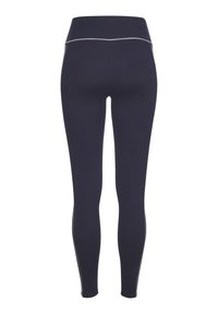 Tumši zili legingi ar augstu jostasvietu, izgatavoti no elastīga materiāla; iekļauts smalks balts apmale gar sānu šuvēm.
