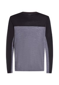 Langarmshirt mit einem Farbblockdesign, das einen schwarzen oberen Bereich und einen strukturierten grauen unteren Bereich aufweist. Glattes Gewebe, Rundhalsausschnitt.