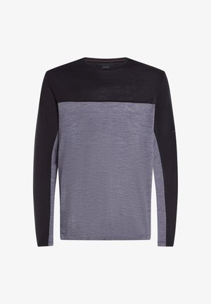 Long-sleeve shirt featuring a color-block design with a black top section and a textured gray lower section. Smooth fabric, crew neckline.