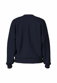 Mörkblå långärmad sweatshirt med ribbad fåll och muddar, visad bakifrån mot en vit bakgrund.