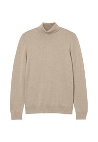 Beige polotröja. Tillverkad av ett mjukt, lätt material. Långa ärmar och ribbade manschetter och krage. Enkel, klassisk design.