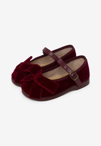 Bordeauxfarbene Samt-Schuhe mit runder Spitze, einer Schleifendetail auf der Vorderseite und einem verstellbaren Riemen. Die Sohle ist flach und braun.