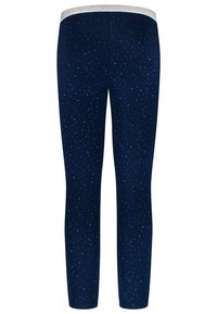 Navy leggings met een zilveren elastische tailleband, voorzien van een verspreid sterrenpatroon in lichte tinten tegen een effen achtergrond.