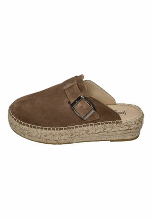 Brown suede slip-on mule with a woven espadrille platform sole and an adjustable buckle strap on the side.