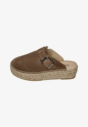 Brown suede slip-on mule with a woven espadrille platform sole and an adjustable buckle strap on the side.