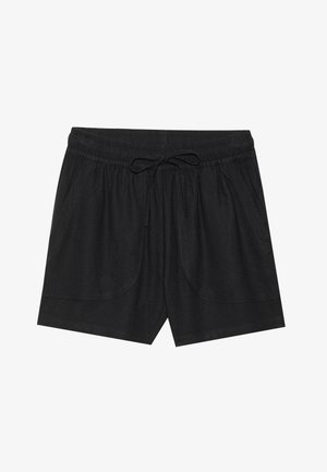 Čierne šortky s elastickým pásom a šnúrkou, so zlatými prednými vreckami a mäkkou, textúrovanou tkaninou.