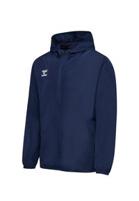 Veste à capuche bleu marine avec fermeture éclair frontale, poignets élastiques, poches latérales et logo blanc Hummel sur la poitrine gauche.