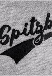 Grauer Stoff mit einer weichen Textur, der schwarzen, geschwungenen Text "Spitzb" und einem schwarzen, spitzen Akzent zeigt. Der Text ist deutlich auf der Oberfläche platziert.