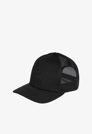 Black cap with a solid front and mesh sides, featuring an embossed logo on the front and a curved brim. Plain texture throughout.