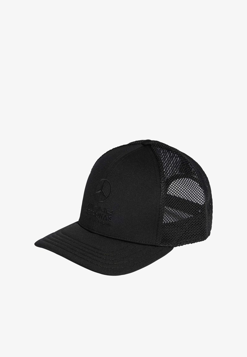 Black cap with a solid front and mesh sides, featuring an embossed logo on the front and a curved brim. Plain texture throughout.