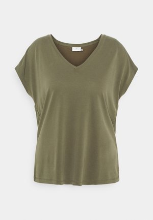 T-shirt à manches courtes en vert olive, en tissu doux, avec une coupe décontractée et un ourlet droit. Étiquette visible à l'intérieur de l'encolure.