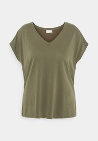 T-shirt à manches courtes col en V de couleur vert olive avec une coupe décontractée, en tissu doux, doté d'un ourlet net et d'un design minimaliste.