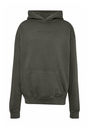 Oliven grøn hoodie med en frontlomme, lange ærmer og snoretræk i hætten. Fremstillet af blødt stof med en glat tekstur. Minimalistisk design.