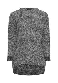 Svart och vit stickad tröja med långa ärmar, rund halsringning och en texturerad mönster. Längre bakstycke än framstycke.