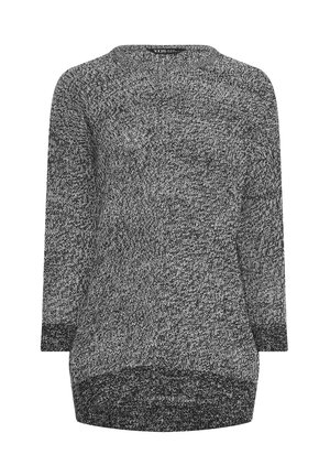 Sort og hvid strikket sweater med lange ærmer, rund halsudskæring og et tekstureret mønster. Længere bagkant end fronten.