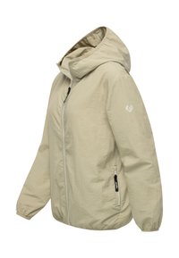 Smėlio spalvos lengva striukė su gobtuvu, priekyje užtrauktuku, elastinėmis rankogaliais ir šoniniais užtrauktukiniais kišenėmis. Kairėje rankovėje yra mažas logotipas.