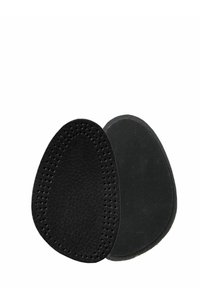 Semelles de chaussures noires avec une surface texturée et perforée pour la respirabilité et un dessous lisse, toutes deux offrant une forme ergonomique.