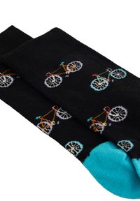 Schwarze Socken mit bunten Fahrradmustern, ausgestattet mit türkisfarbenen Akzenten an der Ferse. Hergestellt aus einem weichen, elastischen Material.