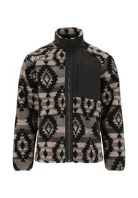 Fleece-Jacke mit einem geometrischen Muster in Schwarz und Beige, hohem Kragen, Reißverschluss und einer kontrastierenden schwarzen Brusttasche.