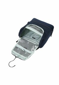 Trousse de toilette bleu marine ouverte, montrant un intérieur gris clair avec plusieurs compartiments en mesh zippés et un crochet de suspension attaché.