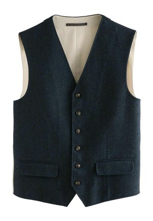 Tume tumesinine kalasaba mustriga villa vest-kuue ees nupu, kahe klapiga tasku ja beeži sisevoodriga.