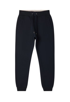 Pantaloni tuta blu navy con vita elastica, cordino e due tasche laterali. I polsini sono a costine. Realizzati in morbido tessuto testurizzato.