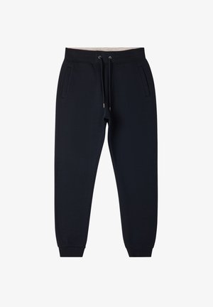 Pantaloni tuta blu navy con vita elastica, cordino e due tasche laterali. I polsini sono a costine. Realizzati in morbido tessuto testurizzato.
