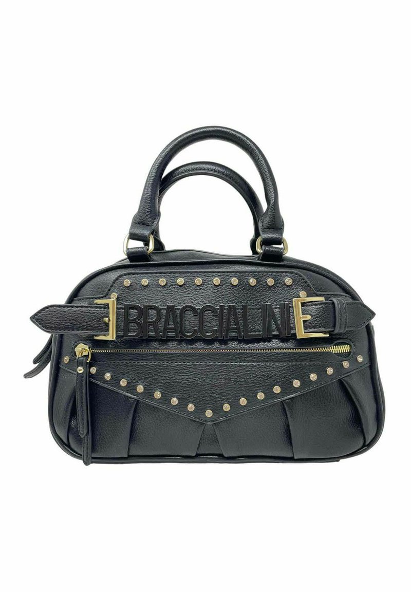 Borsa a tracolla in pelle nera con accenti a borchie, scomparto con zip e etichetta incisa "BRACCIALINI". Presenta un design strutturato con manici superiori.