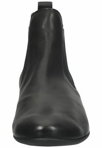 Schwarze Lederknöchelstiefel mit glatter Oberfläche, abgerundeter Zehenpartie und elastischen Seitenteilen für einfaches An- und Ausziehen. Verfügt über einen niedrigen Absatz und dezente Nähte.