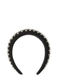 Sort stofhovedbånd pyntet med en række små, skinnende rhinsten langs den øverste kant, glat tekstur og rundet form.